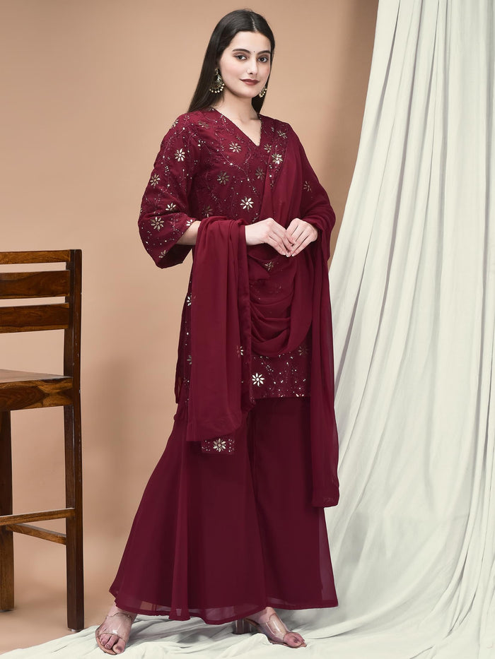 Women Georgette Purple Embroidered Kurta Sharara Dupatta.
