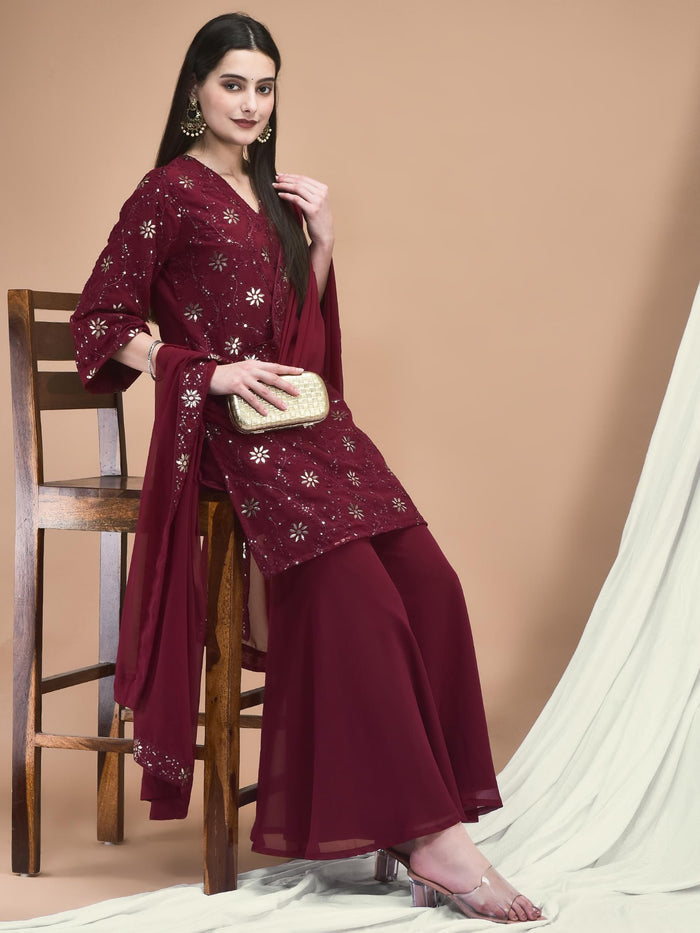 Women Georgette Purple Embroidered Kurta Sharara Dupatta.