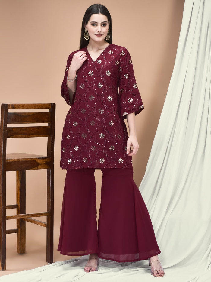Women Georgette Purple Embroidered Kurta Sharara Dupatta.