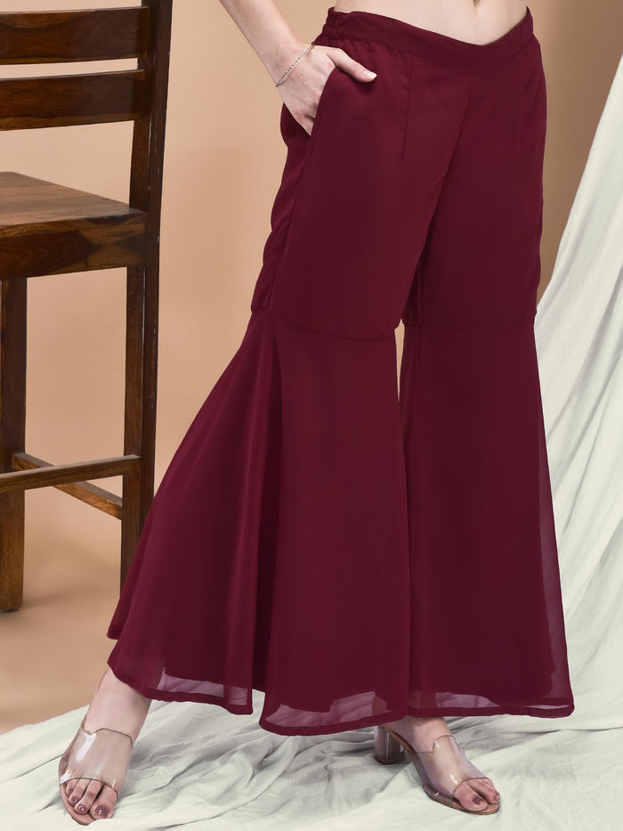 Women Georgette Purple Embroidered Kurta Sharara Dupatta.