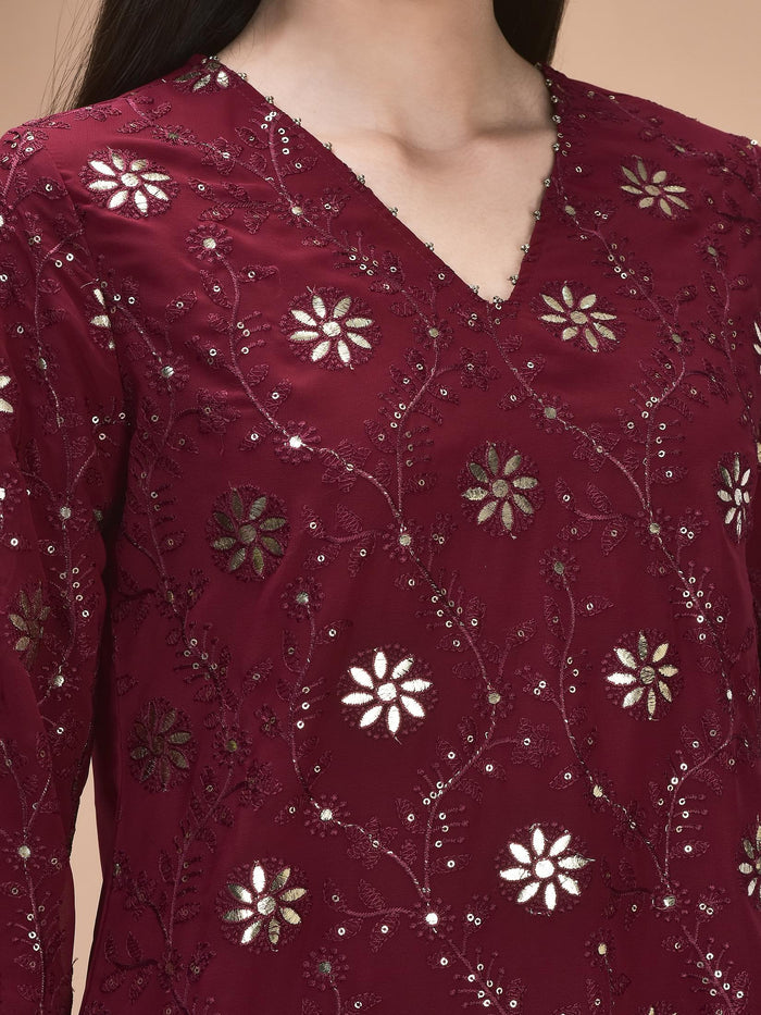 Women Georgette Purple Embroidered Kurta Sharara Dupatta.
