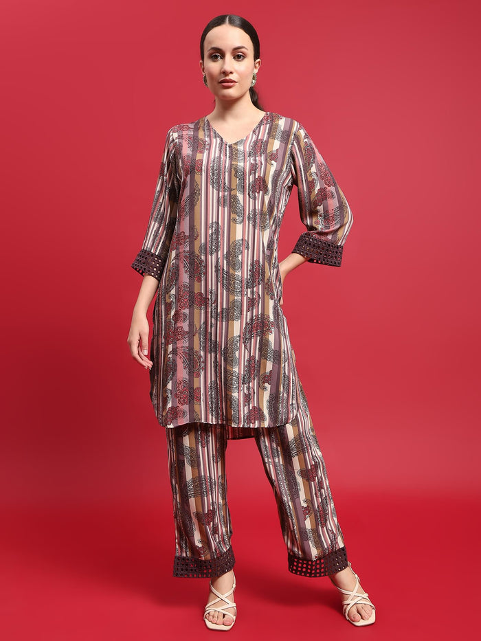 Women Georgette Purple Ornamental Print Co-Ord Set.