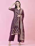 Women Georgette Purple Ornamental Print Kurta Comfort Pant Dupatta.