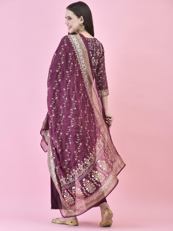 Women Georgette Purple Ornamental Print Kurta Comfort Pant Dupatta.