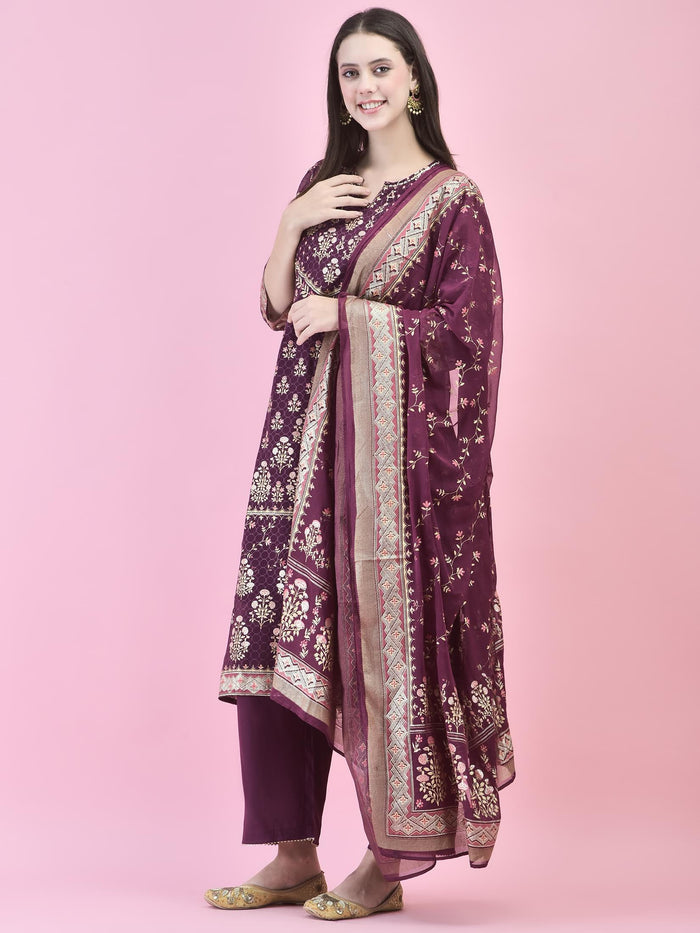 Women Georgette Purple Ornamental Print Kurta Comfort Pant Dupatta.