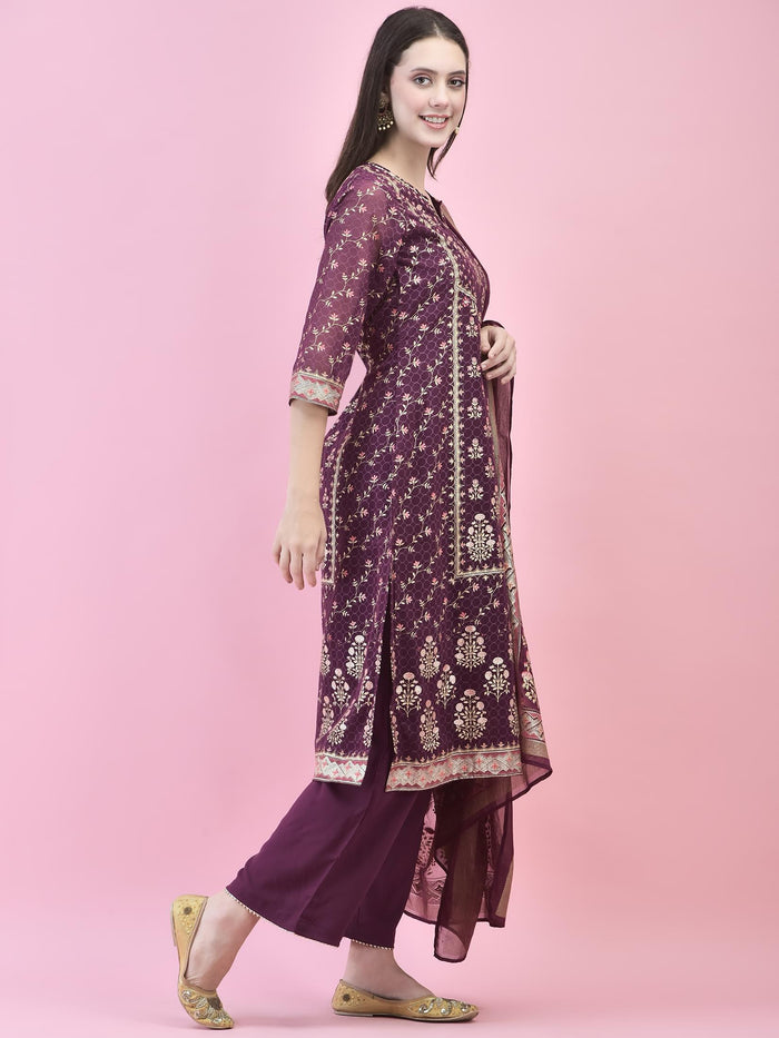 Women Georgette Purple Ornamental Print Kurta Comfort Pant Dupatta.