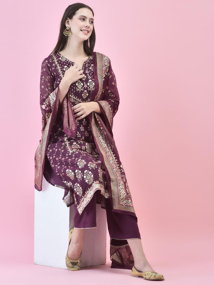 Women Georgette Purple Ornamental Print Kurta Comfort Pant Dupatta.
