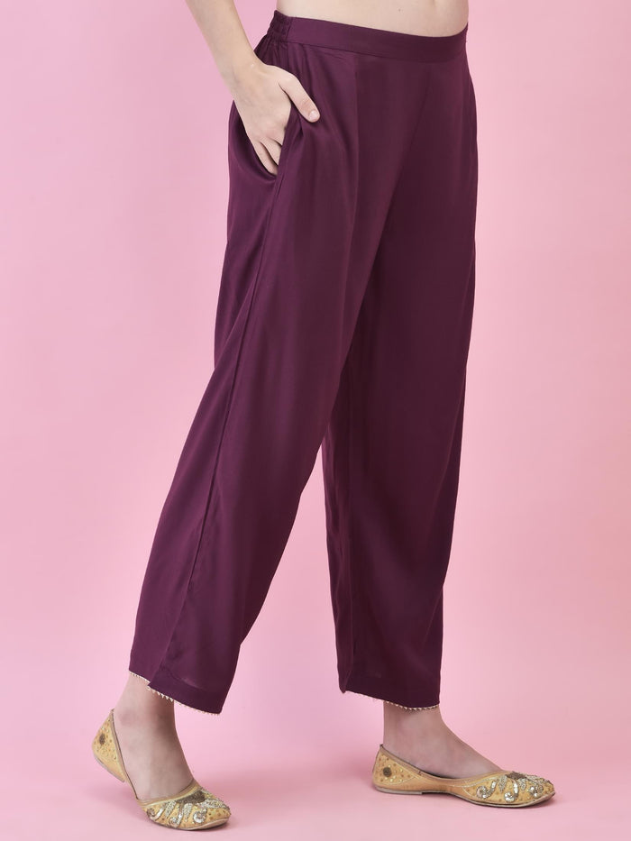 Women Georgette Purple Ornamental Print Kurta Comfort Pant Dupatta.
