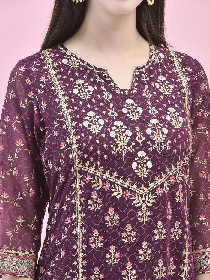 Women Georgette Purple Ornamental Print Kurta Comfort Pant Dupatta.