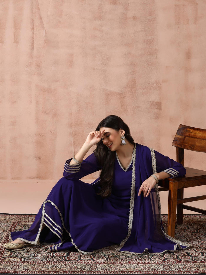 Women Georgette Purple Solid Kurta Wide Leg Pant Dupatta.