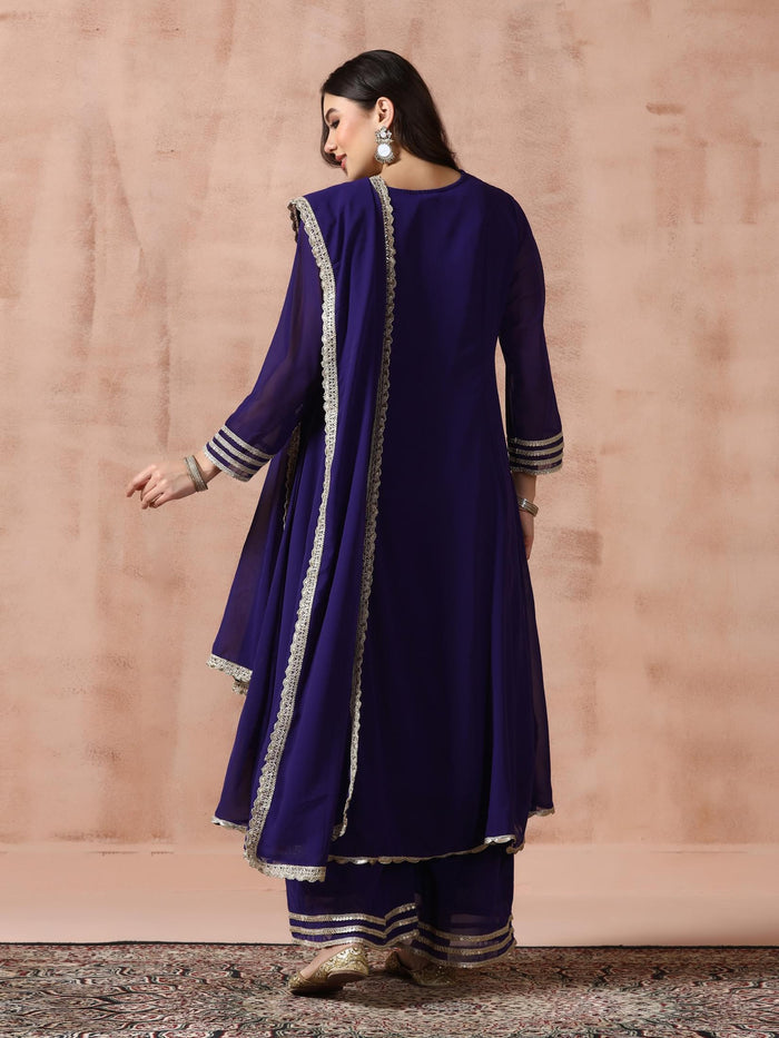 Women Georgette Purple Solid Kurta Wide Leg Pant Dupatta.