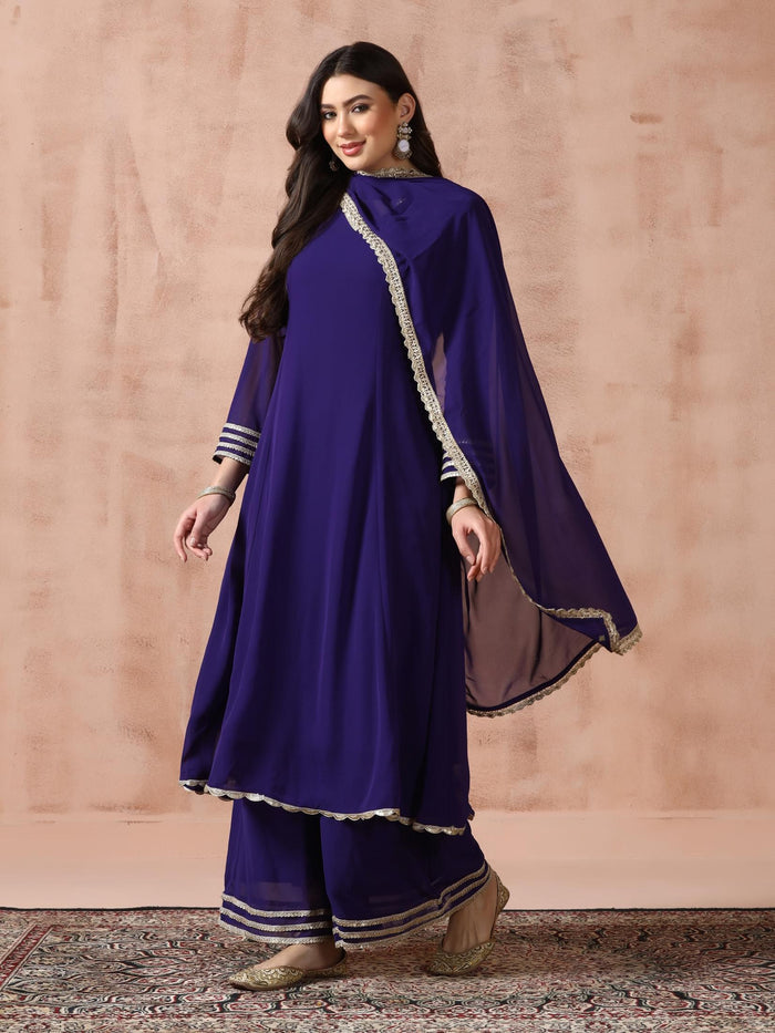 Women Georgette Purple Solid Kurta Wide Leg Pant Dupatta.