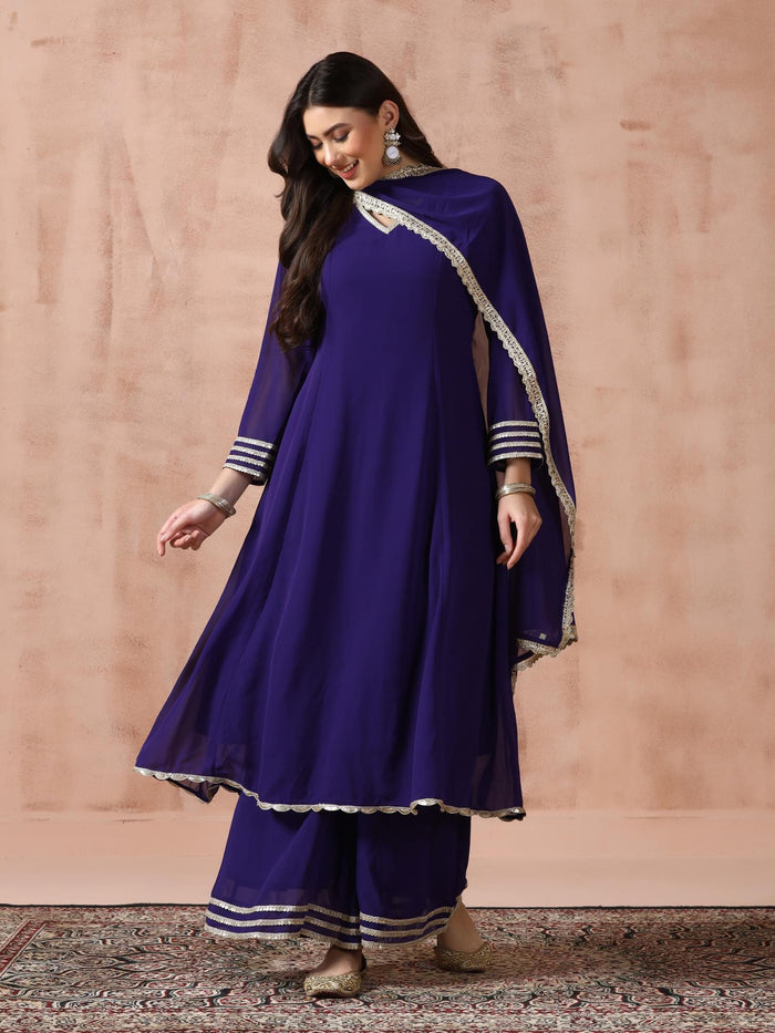 Women Georgette Purple Solid Kurta Wide Leg Pant Dupatta.