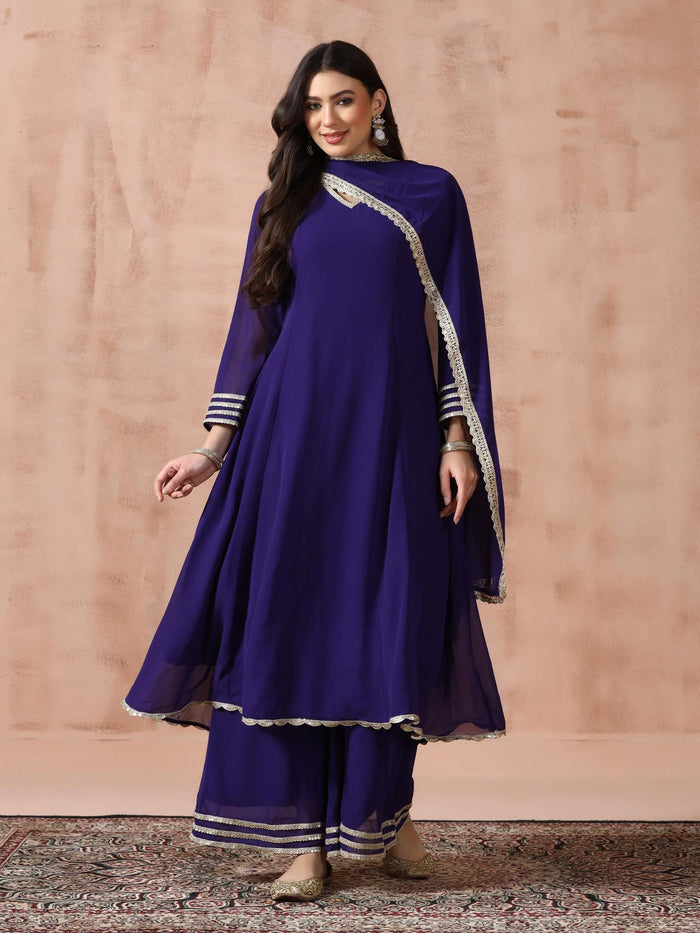 Women Georgette Purple Solid Kurta Wide Leg Pant Dupatta.