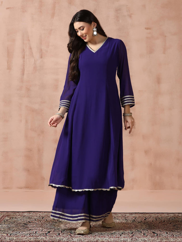 Women Georgette Purple Solid Kurta Wide Leg Pant Dupatta.