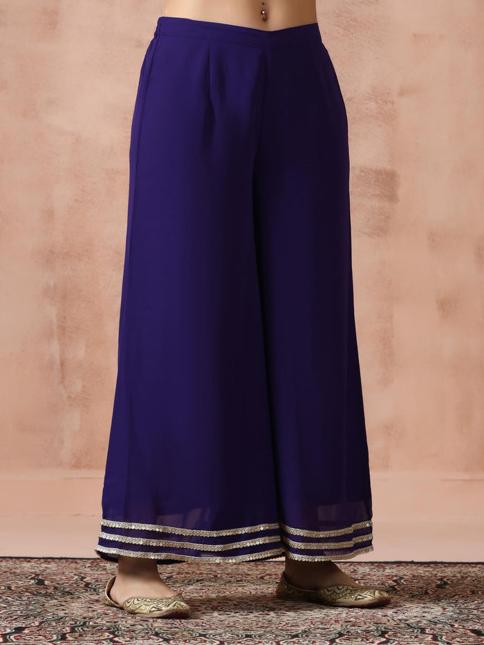 Women Georgette Purple Solid Kurta Wide Leg Pant Dupatta.