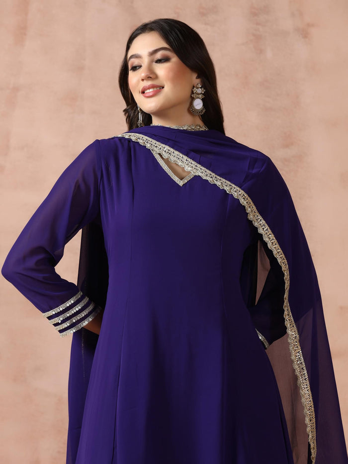 Women Georgette Purple Solid Kurta Wide Leg Pant Dupatta.