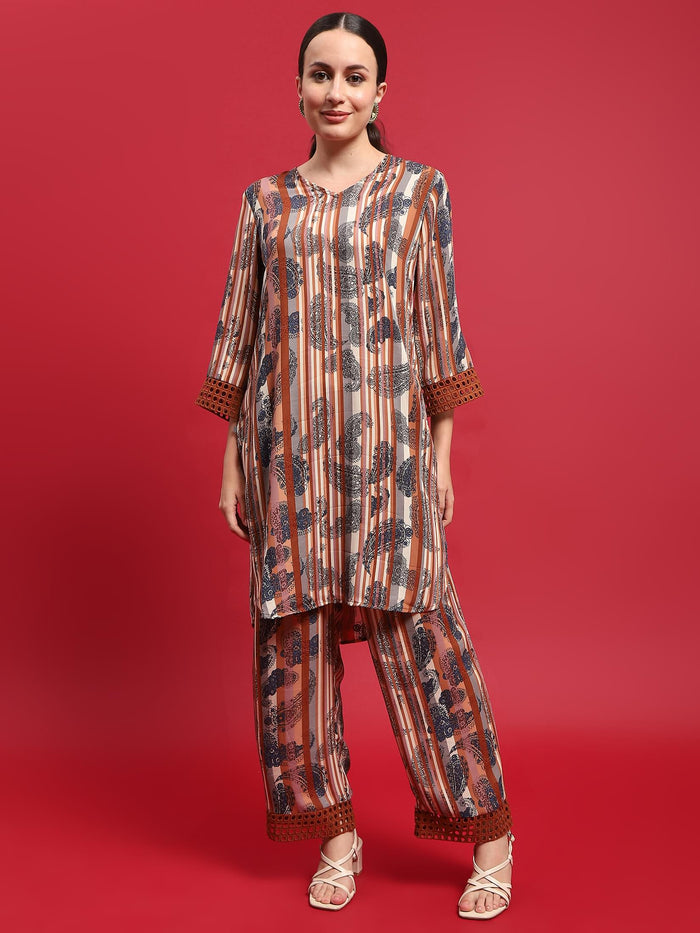 Women Georgette Rust Ornamental Print Co-Ord Set.
