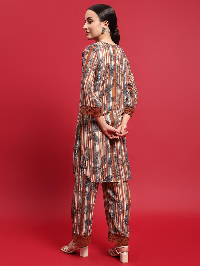 Women Georgette Rust Ornamental Print Co-Ord Set.