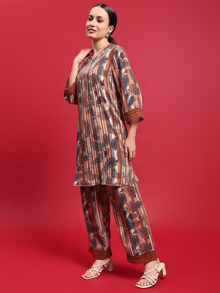Women Georgette Rust Ornamental Print Co-Ord Set.