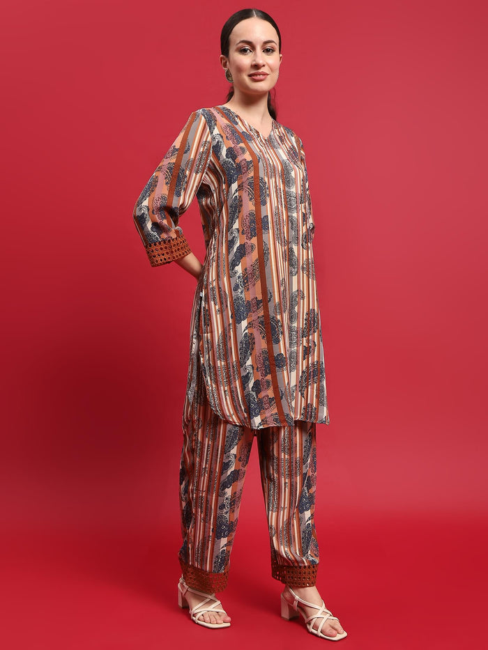 Women Georgette Rust Ornamental Print Co-Ord Set.
