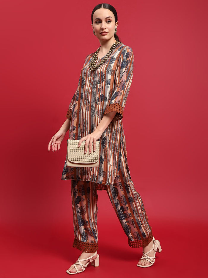 Women Georgette Rust Ornamental Print Co-Ord Set.