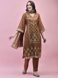 Women Georgette Rust Ornamental Print Kurta Comfort Pant Dupatta.