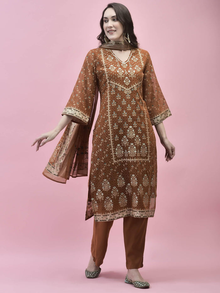 Women Georgette Rust Ornamental Print Kurta Comfort Pant Dupatta.