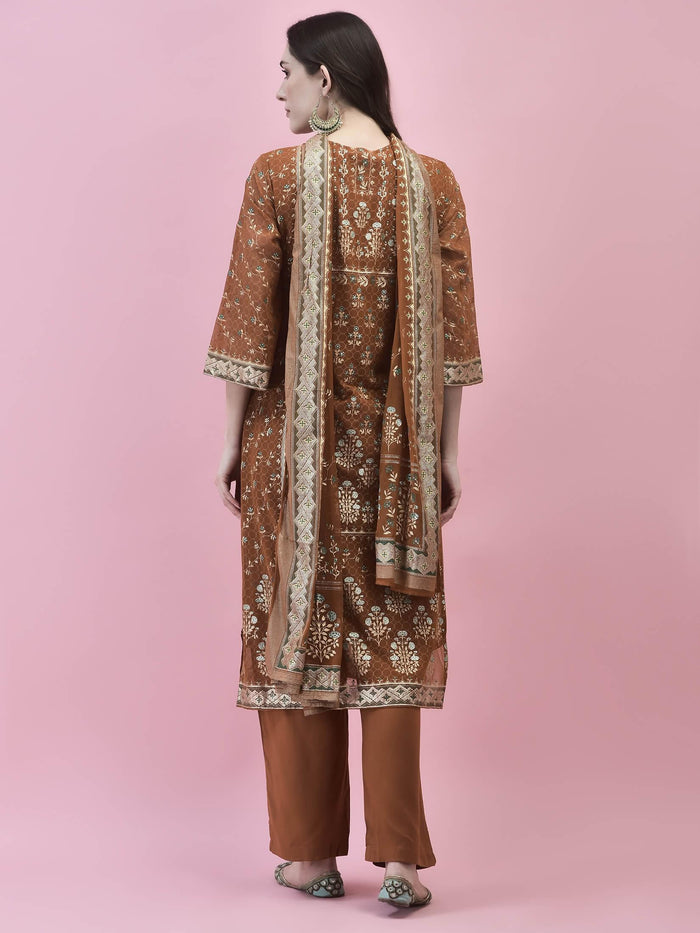 Women Georgette Rust Ornamental Print Kurta Comfort Pant Dupatta.