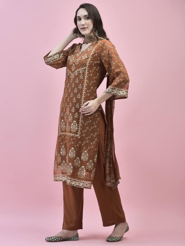 Women Georgette Rust Ornamental Print Kurta Comfort Pant Dupatta.