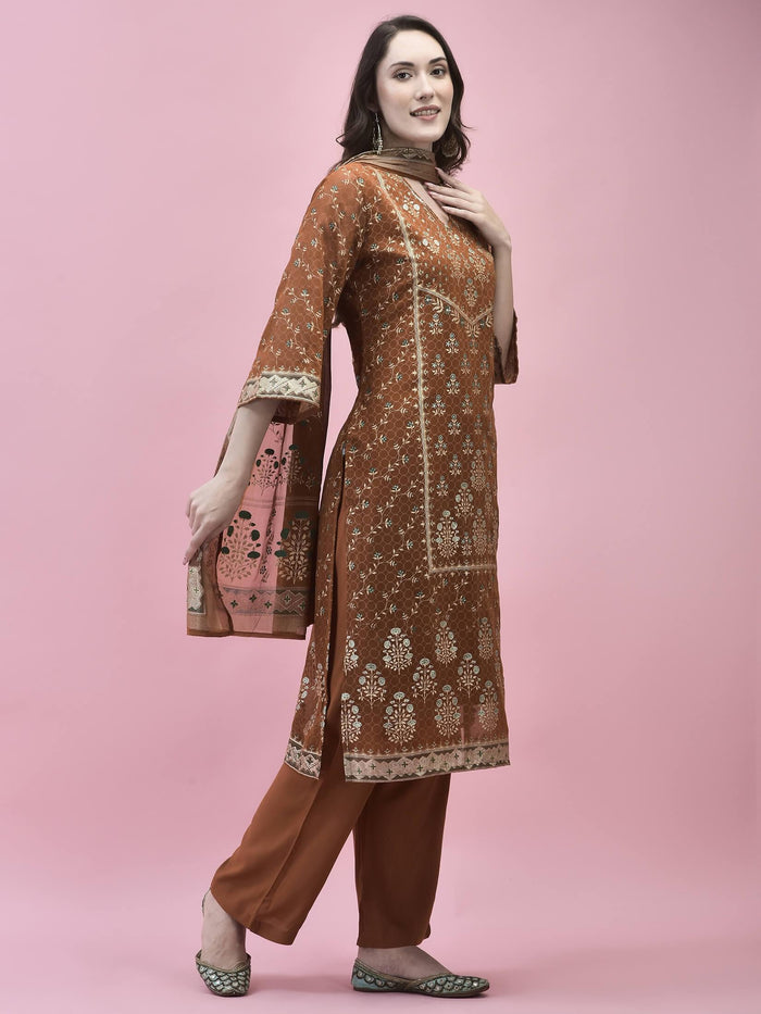 Women Georgette Rust Ornamental Print Kurta Comfort Pant Dupatta.