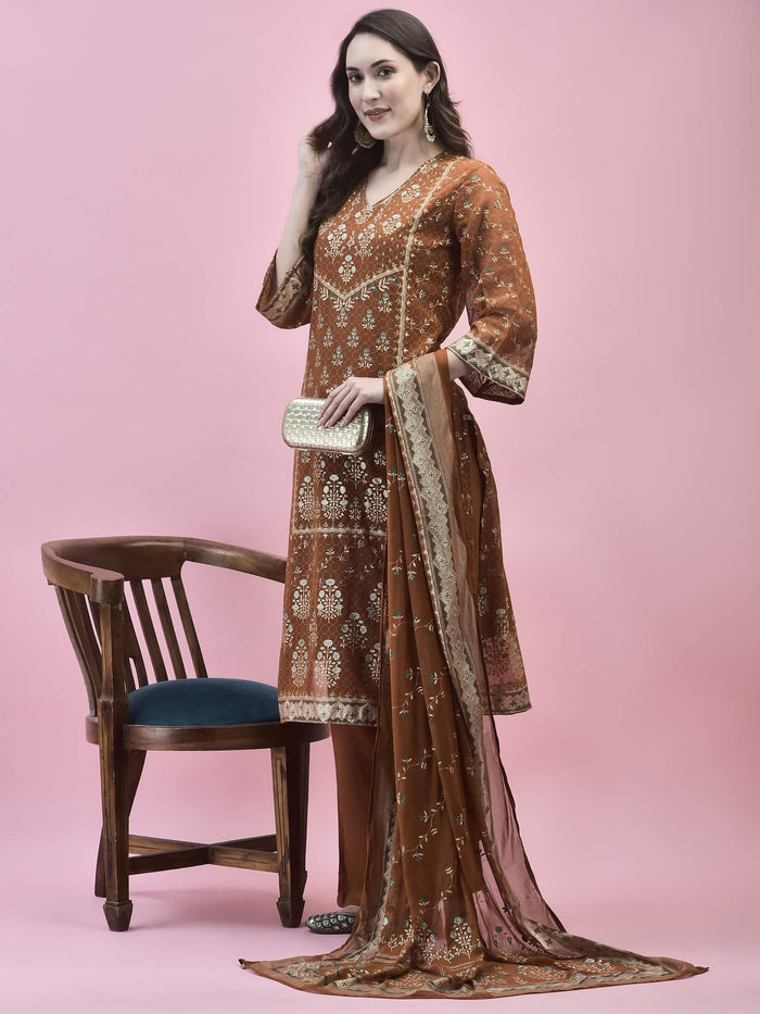 Women Georgette Rust Ornamental Print Kurta Comfort Pant Dupatta.