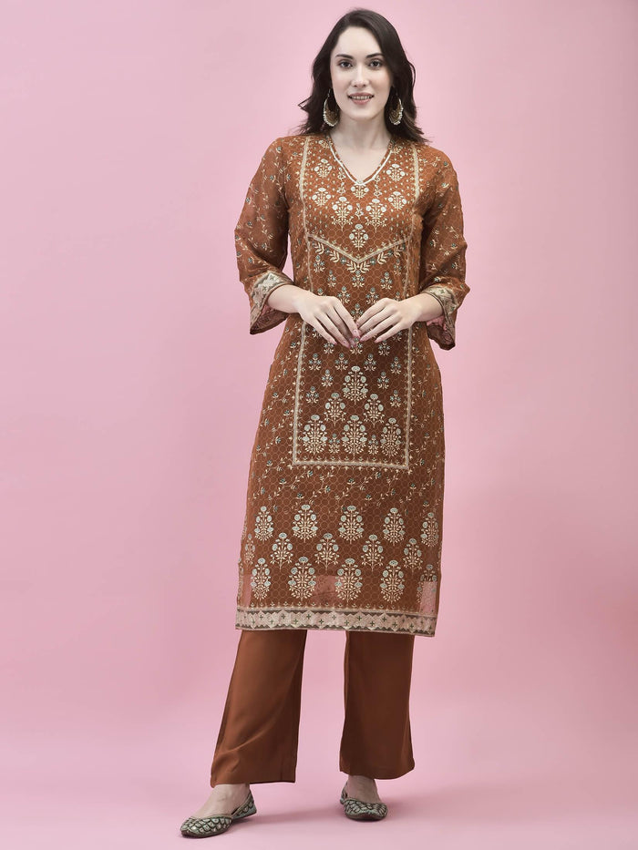 Women Georgette Rust Ornamental Print Kurta Comfort Pant Dupatta.