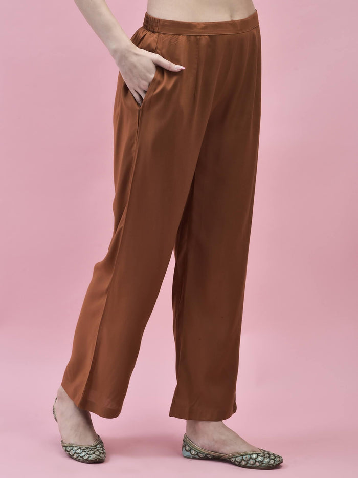 Women Georgette Rust Ornamental Print Kurta Comfort Pant Dupatta.