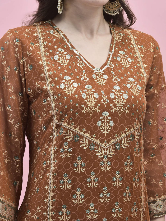 Women Georgette Rust Ornamental Print Kurta Comfort Pant Dupatta.