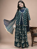 Women Georgette Teal Foil Print Kurta Split Pant Dupatta.
