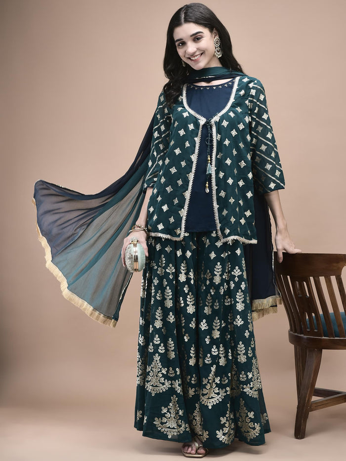Women Georgette Teal Foil Print Kurta Split Pant Dupatta.