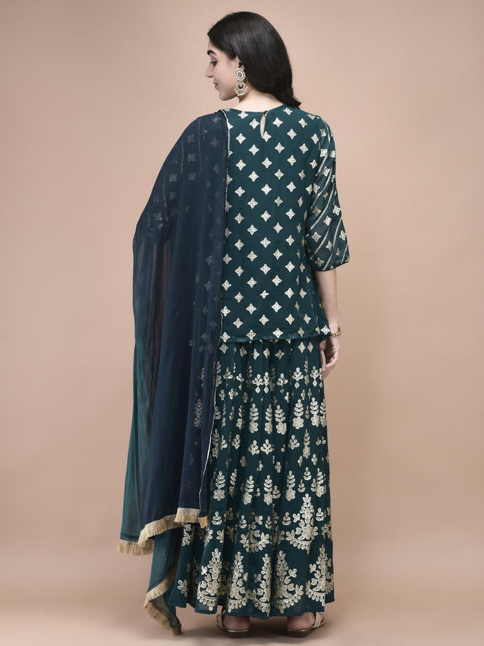 Women Georgette Teal Foil Print Kurta Split Pant Dupatta.