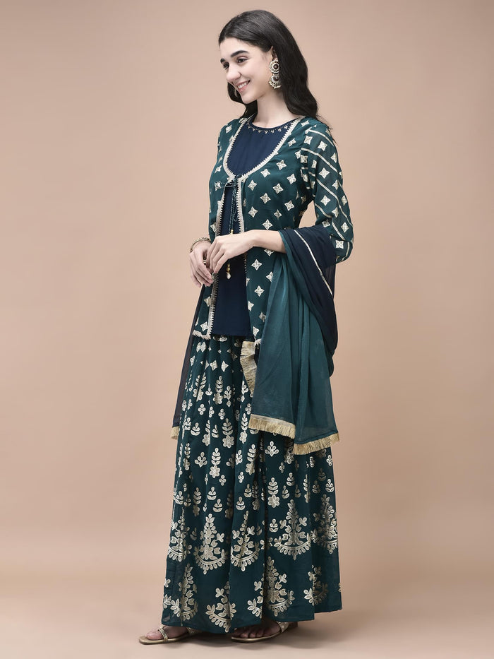 Women Georgette Teal Foil Print Kurta Split Pant Dupatta.