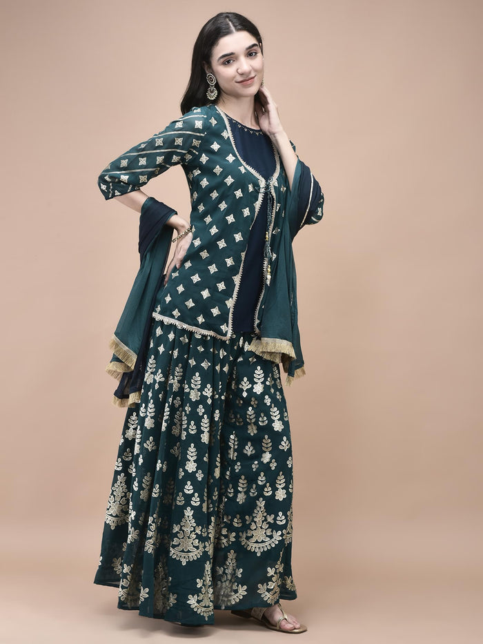 Women Georgette Teal Foil Print Kurta Split Pant Dupatta.