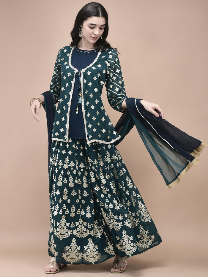 Women Georgette Teal Foil Print Kurta Split Pant Dupatta.