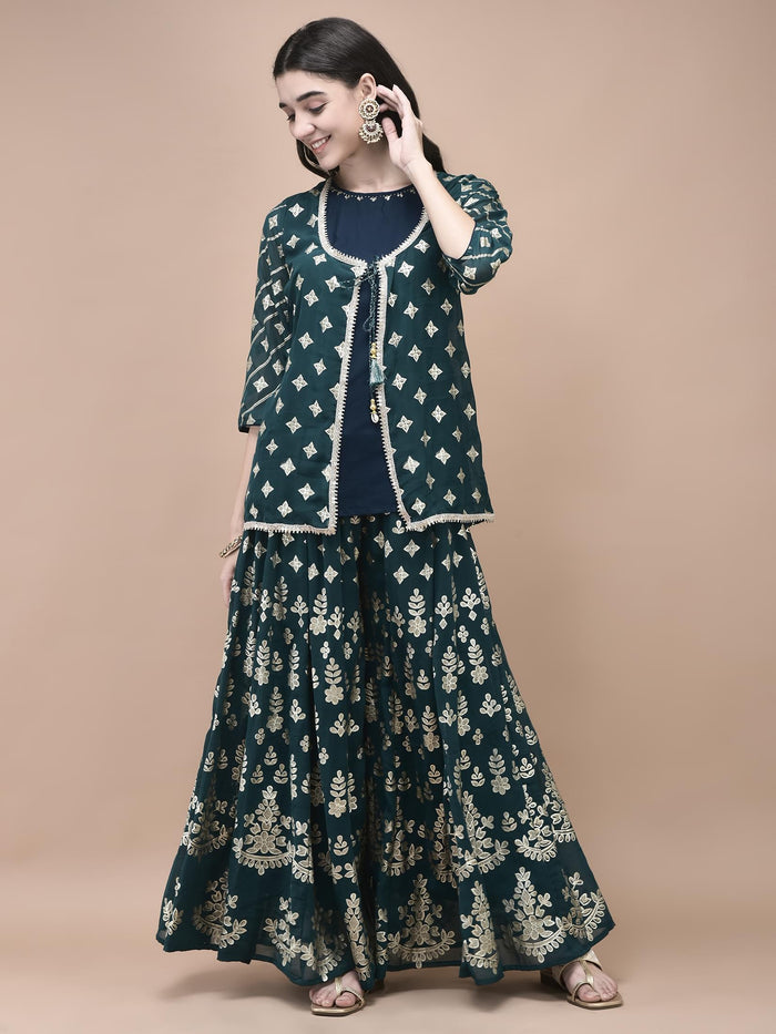Women Georgette Teal Foil Print Kurta Split Pant Dupatta.