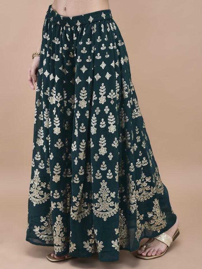 Women Georgette Teal Foil Print Kurta Split Pant Dupatta.