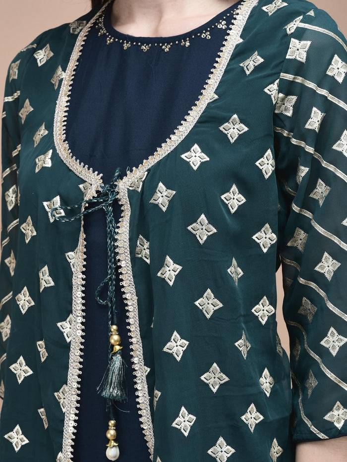 Women Georgette Teal Foil Print Kurta Split Pant Dupatta.