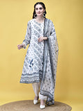 Women Georgette White and Navy Floral Print Kurta Trouser Dupatta.