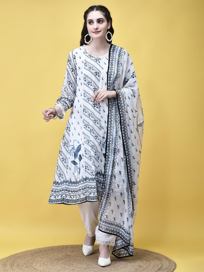 Women Georgette White and Navy Floral Print Kurta Trouser Dupatta.