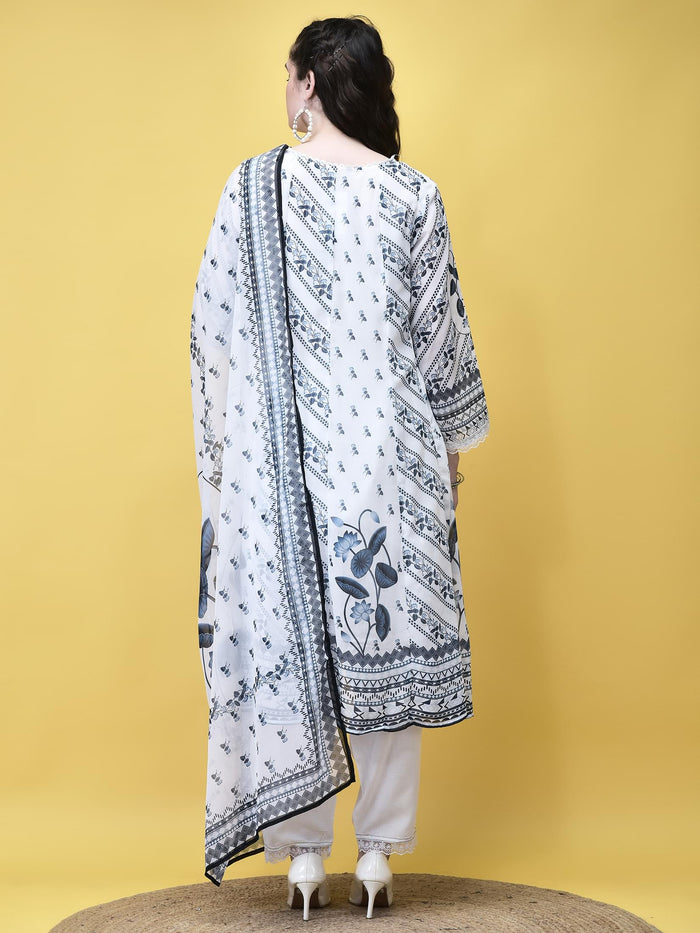 Women Georgette White and Navy Floral Print Kurta Trouser Dupatta.