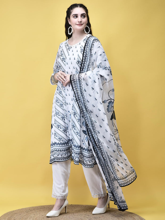 Women Georgette White and Navy Floral Print Kurta Trouser Dupatta.