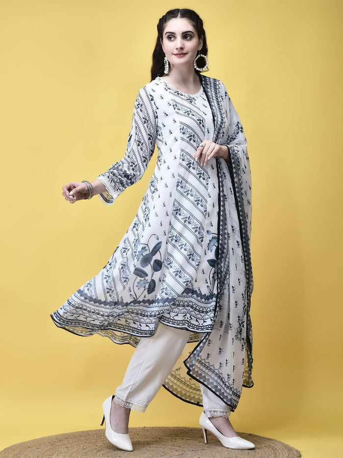 Women Georgette White and Navy Floral Print Kurta Trouser Dupatta.