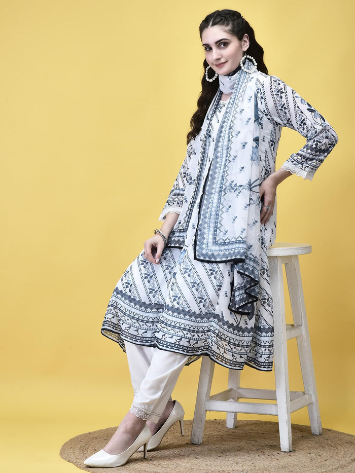 Women Georgette White and Navy Floral Print Kurta Trouser Dupatta.